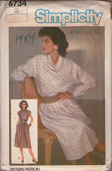 Simplicity 6734 Vintage 80's Sewing Pattern Secretary Dress, Designer Henry Grethel, Cowl Neck, Dropped Shoulder, A-Line Skirt 2 Styles Size 10