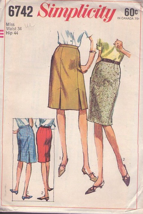 Simplicity 6742 Vintage 60's Sewing Pattern Secretary Skirt, Mod Sheath Pencil or Front & Back Pleats A-Line Styles Waist 34 Size XL