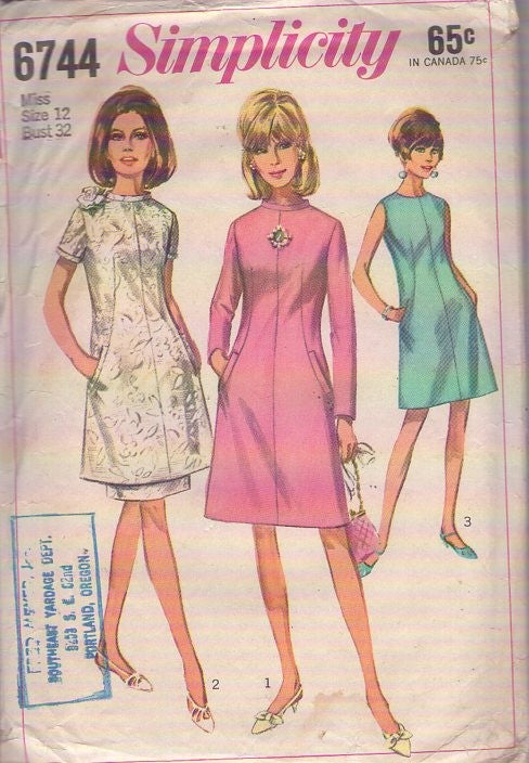 Simplicity 6744 Vintage 60's Sewing Pattern Mod Dress, Skirt Set, Space Age, Double Layer or Day Dress, 3 Styles Size 12