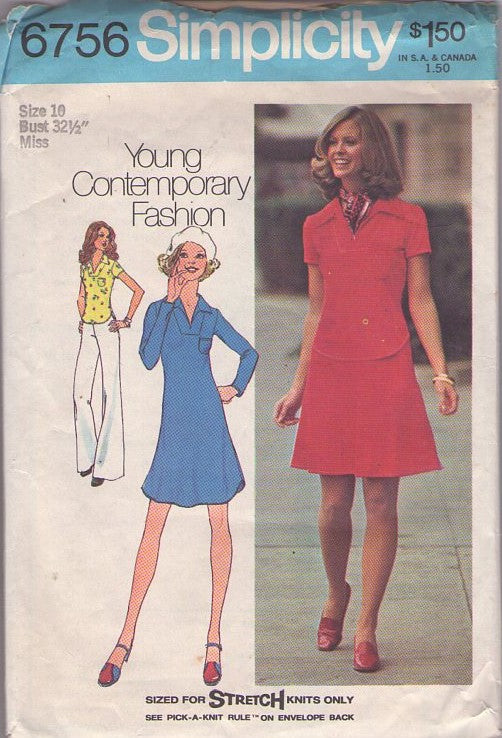 Simplicity 6756 Vintage 70's Sewing Pattern Casual Separates, Young Contemporary Fashion, Shaped Hem Shirtdress, Blouse Top, Day Dress Size 10