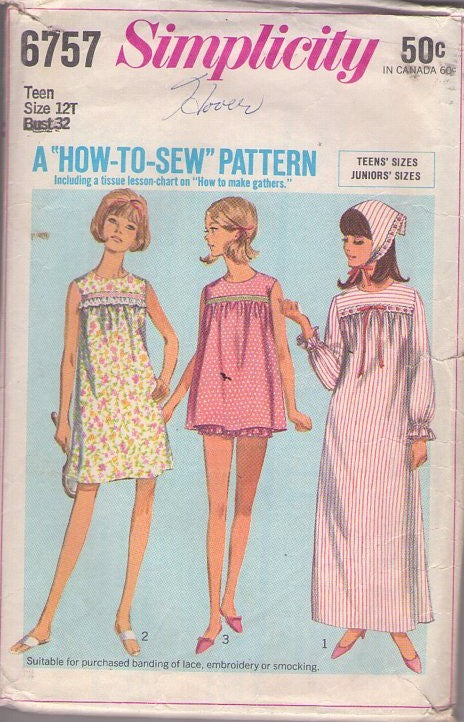 Simplicity 6757 Vintage 60's Sewing Pattern Mod Sleepwear, How to Sew, Sandra Dee Slumber Party Shortie Pajamas Top, Bloomers Panties, Nightgown Long & Short, Head Scarf Size 12T