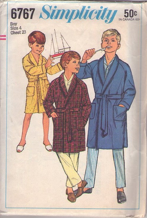 Simplicity 6767 Vintage 60's Sewing Pattern Boys' Robes, Shawl Collar Raglan Sleeve Bathrobe, Robe, Wrap & Tie Belt Size 4