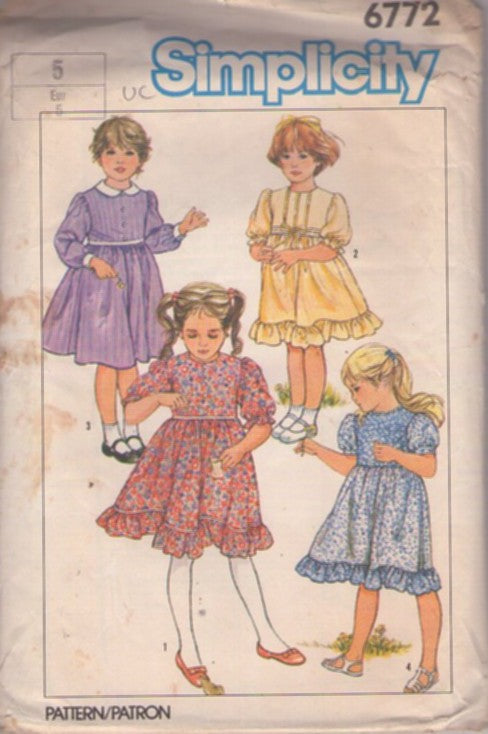 Simplicity 6772 Vintage 80's Sewing Pattern  Girl's Ruffle Dress, Farmcore Cottagecore Flared Skirt School or Party Dress 4 Styles Size 5