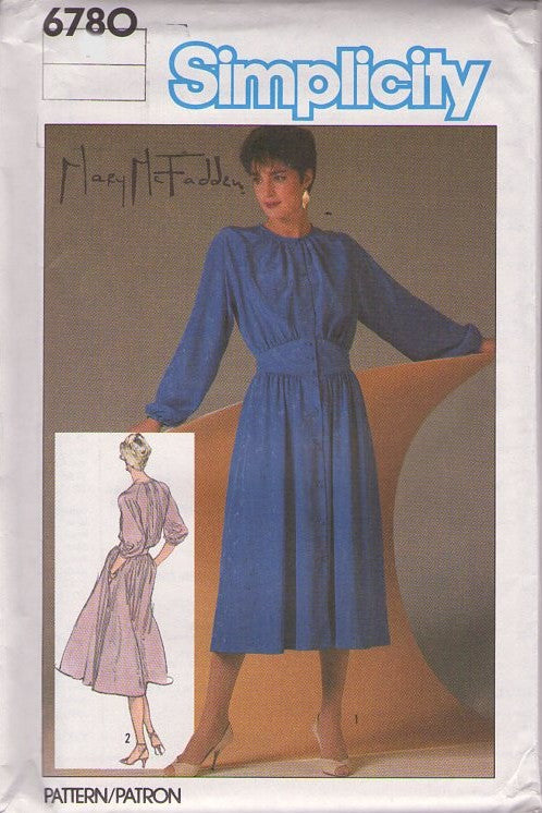 Simplicity 6780 Vintage 80's Sewing Pattern Designer Dress, Mary McFadden, Wide Midriff Shirred Neck Coat Dress, Pockets Size 12