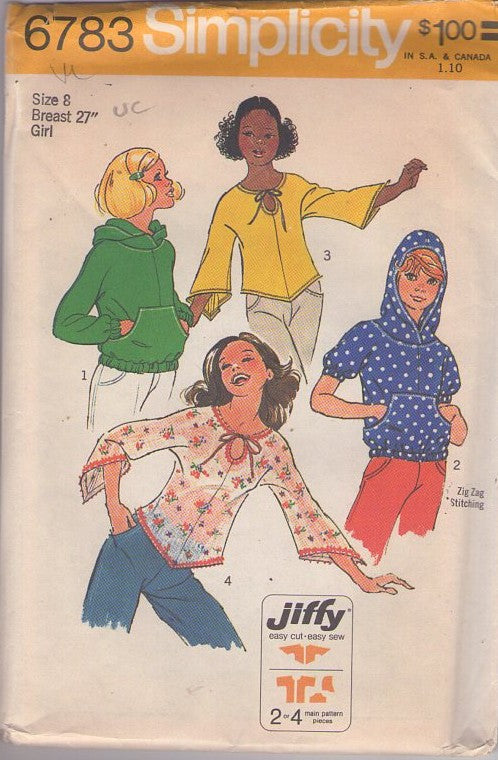 Simplicity 6783 Vintage 70's Sewing Pattern Girl's Tops, Easy Jiffy Gauze Pointed Hem Bell Sleeve Blouse, Hooded Hoodie Jacket Top, 4 Styles Size 8