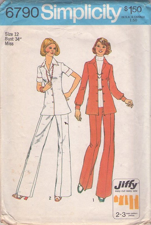 Simplicity 6790 Vintage 70's Sewing Pattern Jiffy Separates, Retro Nurse Uniform Shirt Jacket, Flared Leg Pants Size 12