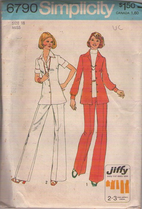 Simplicity 6790 Vintage 70's Sewing Pattern Jiffy Separates, Retro Nurse Uniform Shirt Jacket, Flared Leg Pants Size 18