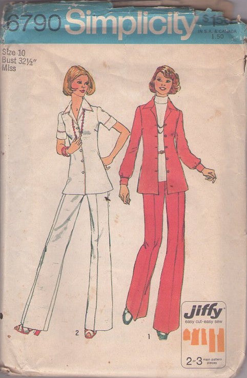 Simplicity 6790 Vintage 70's Sewing Pattern Jiffy Separates, Retro Nurse Uniform Shirt Jacket, Flared Leg Pants Size 10 CUT