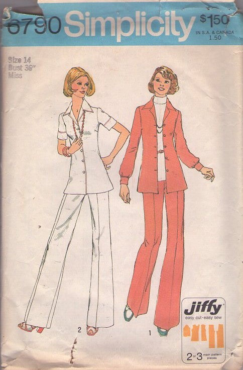 Simplicity 6790 Vintage 70's Sewing Pattern Jiffy Separates, Retro Nurse Uniform Shirt Jacket, Flared Leg Pants Size 14