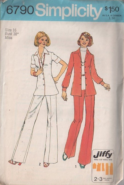 Simplicity 6790 Vintage 70's Sewing Pattern Jiffy Separates, Retro Nurse Uniform Shirt Jacket, Flared Leg Pants Size 10 UNCUT