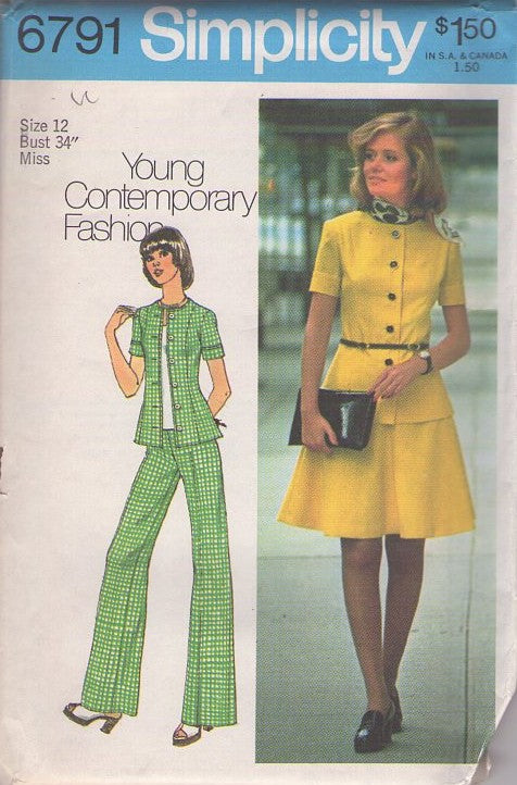 Simplicity 6791 Vintage 70's Sewing Pattern Secretary Separates, Young Contemporary Fashion, Jacket Top Blouse, A-Line Flared Skirt, 2 Piece Dress & Pants Size 12
