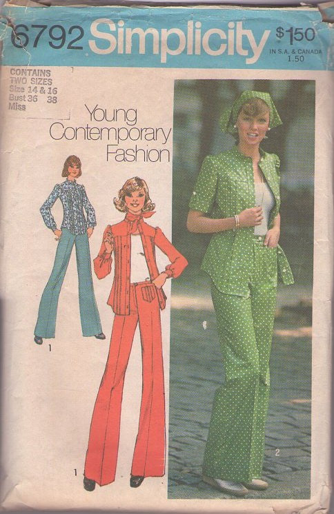Simplicity 6792 Vintage 70's Sewing Pattern Hippie Separates, Young Contemporary Fashion, Front Tucks Shirt Jacket Top, Blouse, Fly Front Jeans, Pants & Head Scarf Size 14-16