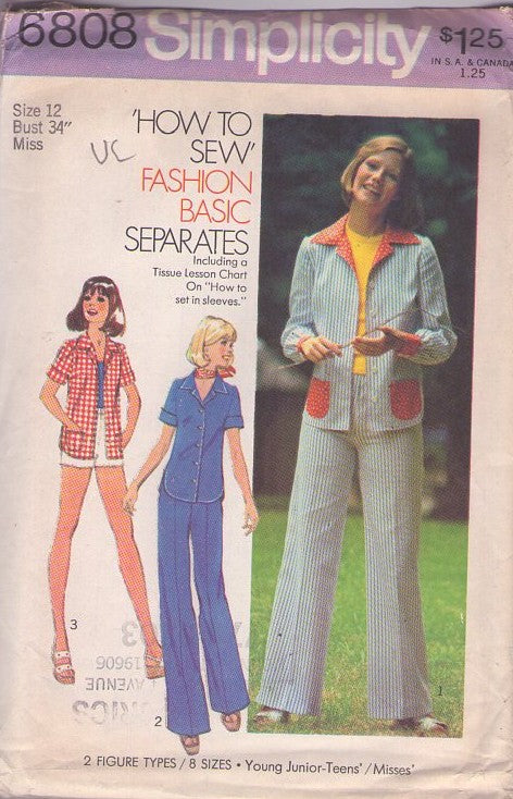 Simplicity 6808 Vintage 70's Sewing Pattern Hippie Separates, Easy How to Sew, Fashion Basics, Shirt Jacket Blouse, Shorts & Fly Front Pants Size 12