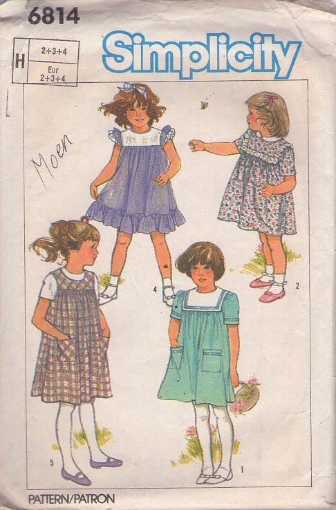 Simplicity 6814 Vintage 80's Sewing Pattern Girl's Dress, Pinafore, Cottagecore Modest Flared Yoked Jumper, Dress 5 Styles Size 2-4