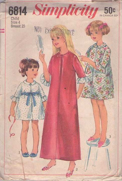 Simplicity 6814 Vintage 60's Sewing Pattern Girl's Robes, Front Zippered House Coat, Robe, Bathrobe Set, 3 Styles Size 4