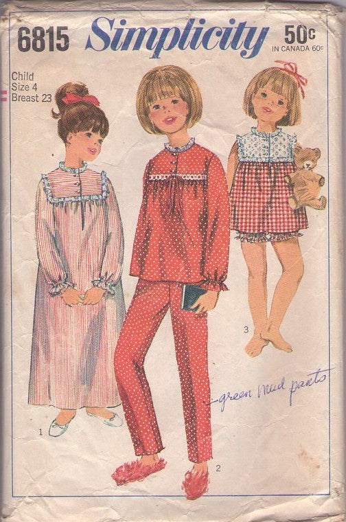 Simplicity 6815 Vintage 60's Sewing Pattern Girl's Pajamas, Modest Retro Slumber Party, Sleepover Pajamas, Shortie Eyelet Yoked Top, Bloomer Panties, Shirt, Pants & Nightgown Size 4