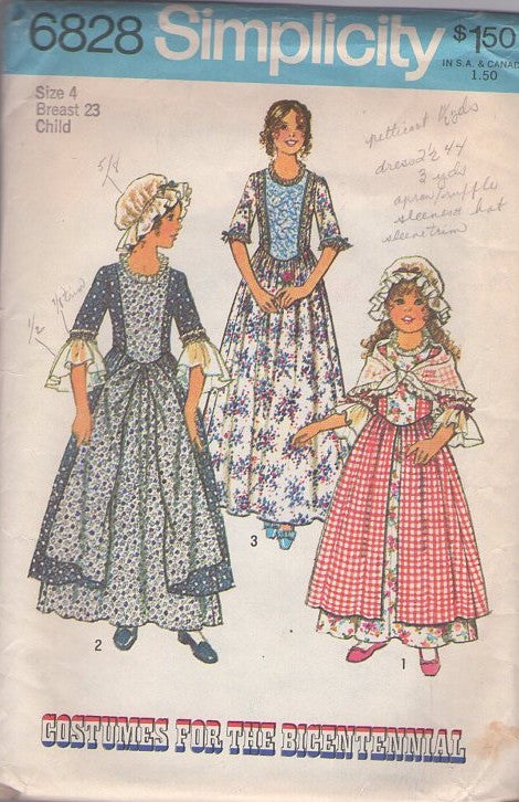 Simplicity 6828 Vintage 70's Sewing Pattern Historical Costumes, Patriotic for the Bicentennial Girl's Colonial Basque Waist 2 Piece Dress, Back Buttoned Blouse, Double Layer Skirt, Cap, Shawl Size 4