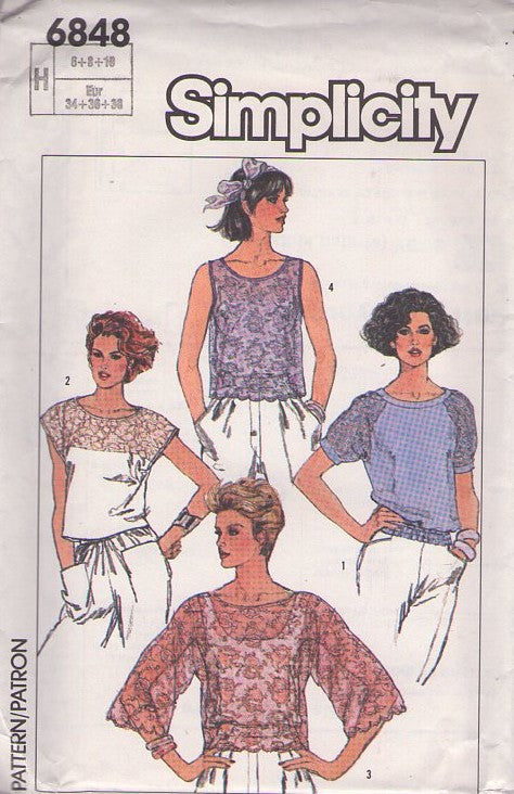 Simplicity 6848 Vintage 80's Sewing Pattern Blouse Set, Sheer Lacy Summer New Wave Crop Top, Pullover Blouse, Shirt Size 6-10