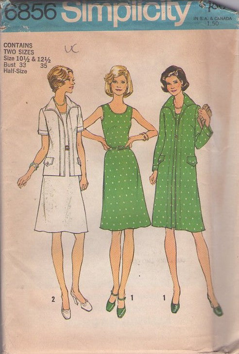 Simplicity 6856 Vintage 70's Sewing Pattern Secretary Dress, Scoop Neck Flared Skirt, Wing Collar Shirt Jacket or Coat Size 10.5-12.5
