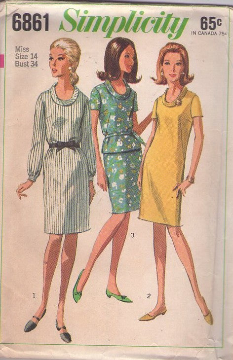 Simplicity 6861 Vintage 60's Sewing Pattern Mod Dress Separates, Mad Men, Secretary Cowl Collar Blouse Top, Slim Skirt or Sheath Dress Size 14