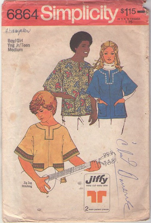 Simplicity 6864 Vintage 70's Sewing Pattern Kids' Shirt Set, Hippie Boho, Dashiki Tops Size M