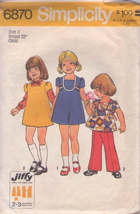 Simplicity 6870 Vintage 70's Sewing Pattern Girl's Jiffy Separates, Square Neck, Tie Back Smock Top Blouse, Jumper or Dress & Pants Jiffy Styles Size 3