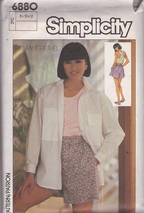 Simplicity 6880 Vintage 80's Sewing Pattern Designer Separates, Henry Grethel Flared Leg Pocket Shorts, Racer Back T Tank Top & Shirt Jacket Cover Up Size 8-12