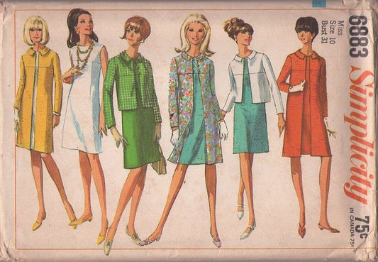 Simplicity 6883 Vintage 60's Sewing Pattern Mod Coats, Dress, Sheath Dress, Jacket or Yoked Coat Size 10