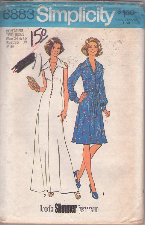 Simplicity 6883 Vintage 70's Sewing Pattern Disco Dress Set, Look Slimmer Butterfly WIDE Wing Collar Secretary Dress, Buttons To HERE Low Cut Evening Maxi Gown Size 14-16