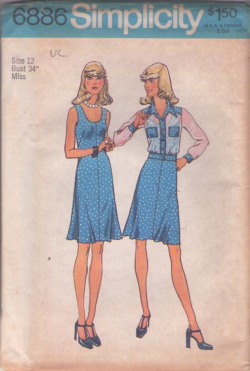 Simplicity 6886 Vintage 70's Sewing Pattern Secretary Dress, Jacket, Scoop Neck Short Center Seam Day Dress, Sheer Cover Up Shirt Jacket Blouse Size 12