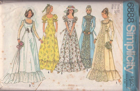 Simplicity 6888 Vintage 70's Sewing Pattern Wedding Dress, Gunne Sax STYLE Gown, Victorian Look Cottagecore Formal, Ruffles & Inset Lace, Bridesmaid Formal Prom Party Dress Set 5 Styles Size 12
