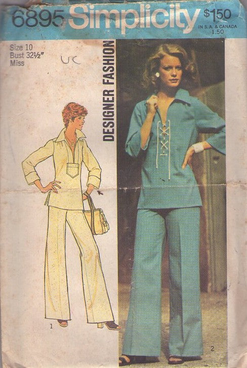 Simplicity 6895 Vintage 70's Sewing Pattern Designer Fashion Separates,  Front Lace Up or Patch Pocket Pullover Hippie Shirt, Flared Wide Leg Pants Size 10 UNCUT