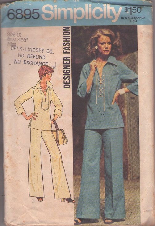 Simplicity 6895 Vintage 70's Sewing Pattern Designer Fashion Separates, Front Lace Up or Patch Pocket Pullover Hippie Shirt, Flared Wide Leg Pants Size 10 CUT