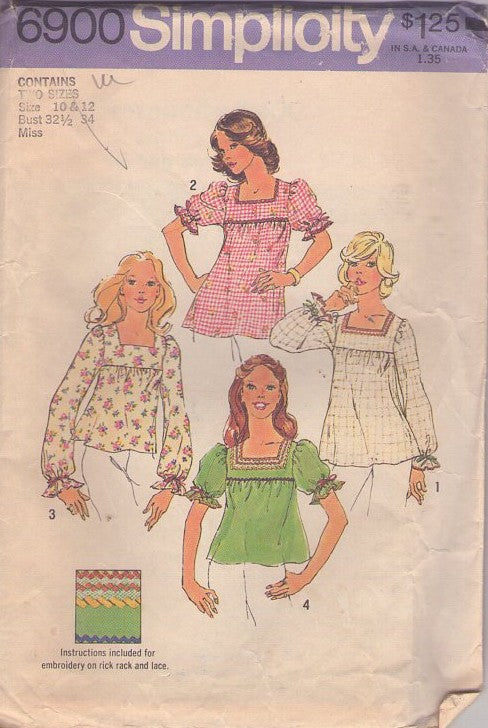 Simplicity 6900 Vintage 70's Sewing Pattern Hippie Shirt Set, Pullover, Square Neck Smock Top, Embroidery Size 10-12