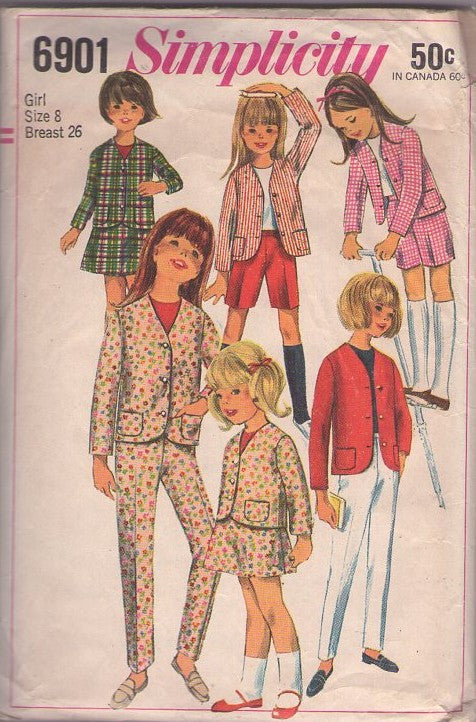 Simplicity 6901 Vintage 60's Sewing Pattern  Girl's Mod Separates, School Uniform, Suit Jacket, Short Skirt, Tapered Novelty Print Pants Size 8