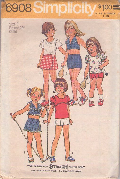 Simplicity 6908 Vintage 70's Sewing Pattern Girl's Separates, Wing Collar Cropped Halter Top, Puff Sleeve Tshirt, Shorts, Skorts Pantskirt Size 3