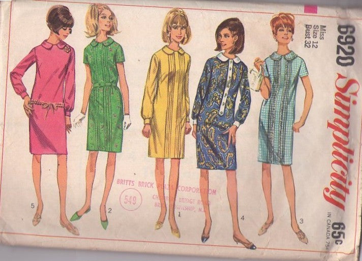 Simplicity 6920 Vintage 60's Sewing Pattern Mod Dresses, Mad Men Everyday Pin Tucks & Button Tab Trim Day Dress Set, 5 Styles Size 12