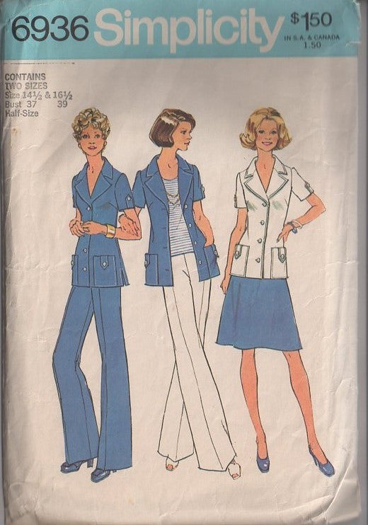Simplicity 6936 Vintage 70's Sewing Pattern Half Size Separates, Nautical Look Button Tab Shirt Jacket Top, A-Line Skirt & Flared Leg Pants Size 14.5-16.5