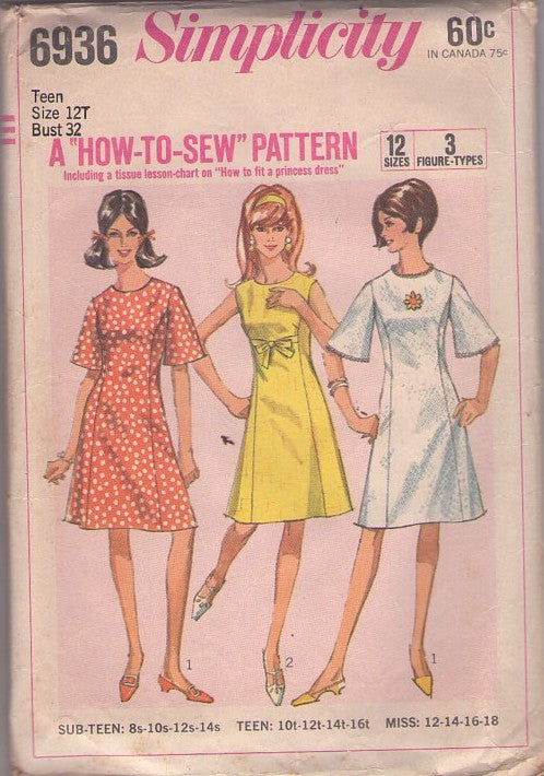 Simplicity 6936 Vintage 60's Sewing Pattern Easy Dress, How to Sew, Bell Sleeve or Sleeveless Princess Seams Day Dress, 2 Styles Size 12T