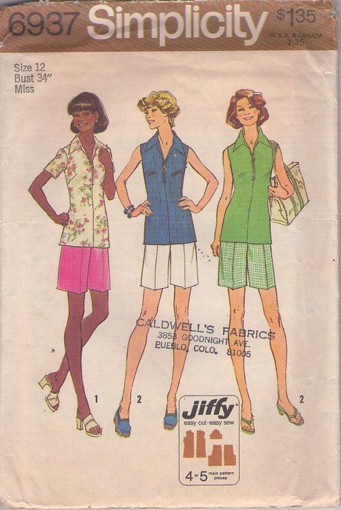 Simplicity 6937 Vintage 70's Sewing Pattern Summer Separates, Front Zippered, Pullover Collared Blouse, Top Set & Long Modest Shorts Size 12