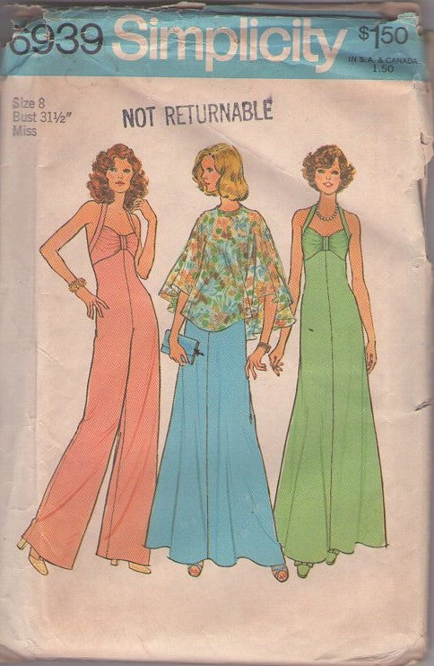 Simplicity 6939 Vintage 70's Sewing Pattern Disco Dress, Jumpsuit, Ruched Top, Empire Waist, Halter Top, Bare Back, Maxi Gown, Sheer Poncho Cape Size 8