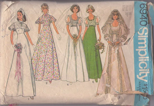 Simplicity 6940 Vintage 70's Sewing Pattern Mod Wedding Gowns, High Waist Scoop Lacy Bodice, Shoulder Capelet Wedding Dress, Prom Formal Gown Set Size 12