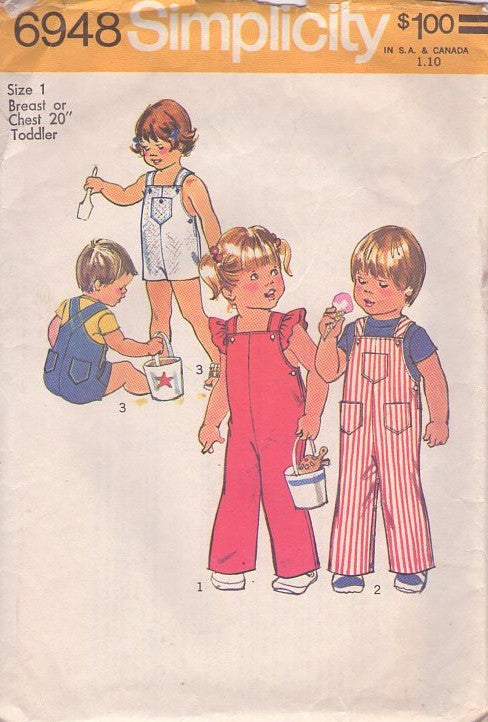 Simplicity 6948 Vintage 70's Sewing Pattern Boys' & Girl's Overalls, Coveralls, Shorts Sunsuit, Side Buttons, 3 Styles Size 1