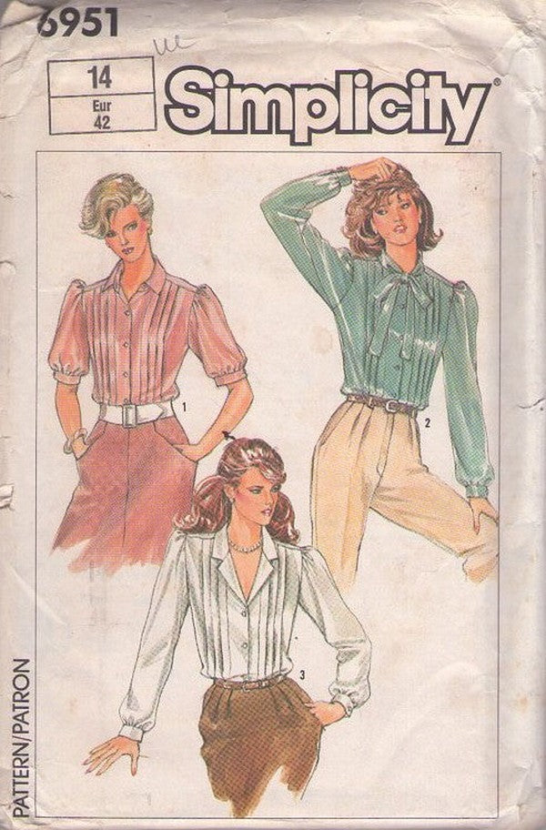 Simplicity 6951 Vintage 80's Sewing Pattern Secretary Blouse Set, Gathered Sleeve Tuxedo Pleats Suit Blouse Set, Pin Tucks, Tie Collar Size 14