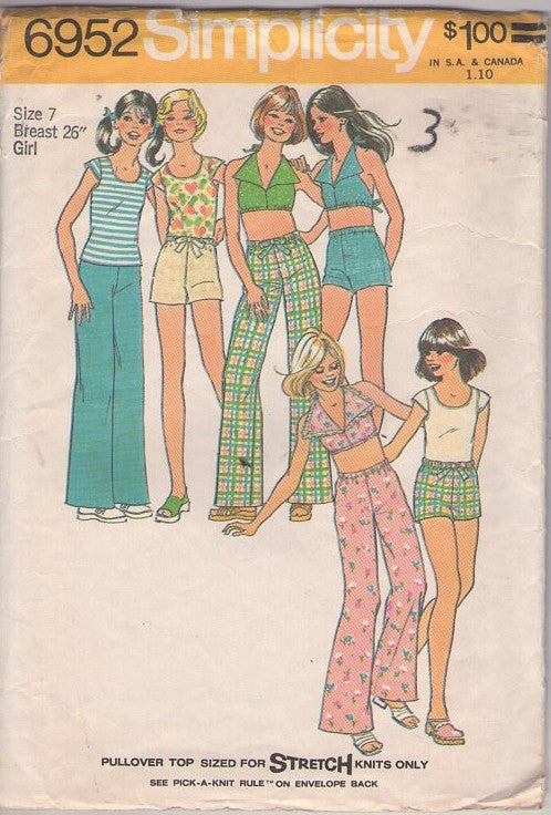 Simplicity 6952 Vintage 70's Sewing Pattern Girl's Separates, Retro Summer, Scoop Neck, Cap Sleeve Tshirt Top, Cropped Wing Collar Halter Top, Shorts & Bell Bottoms Pants Size 7