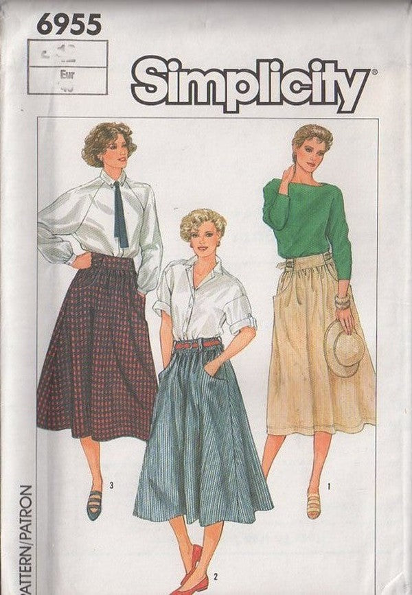 Simplicity 6955 Vintage 80's Sewing Pattern Modest Skirts, Gathered Waist, Flared, Bias Pocket, Buckle Tabs, Wide Waist Skirt Set Size 8