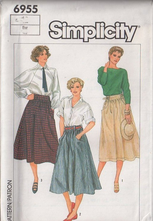 Simplicity 6955 Vintage 80's Sewing Pattern Modest Skirts, Gathered Waist, Flared, Bias Pocket, Buckle Tabs, Wide Waist Skirt Set Size 8