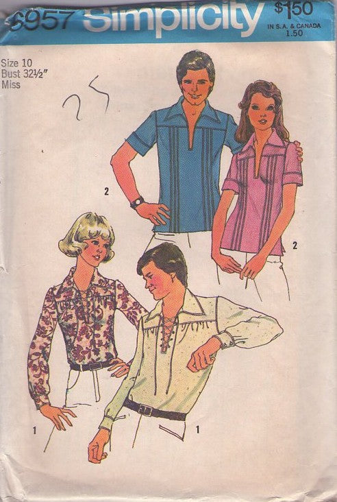 Simplicity 6957 Vintage 70's Sewing Pattern Boho Shirts, Hippie Corset Front Laced Shirt, Blouse, Pullover with Pin Tucks Set Size 10