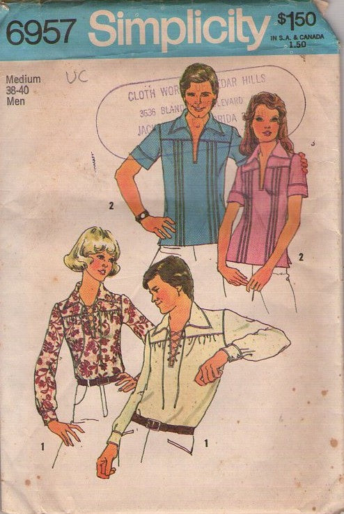 Simplicity 6957 Vintage 70's Sewing Pattern Boho Shirts, Hippie Corset Front Laced Shirt, Blouse, Pullover with Pin Tucks Set Size Men M