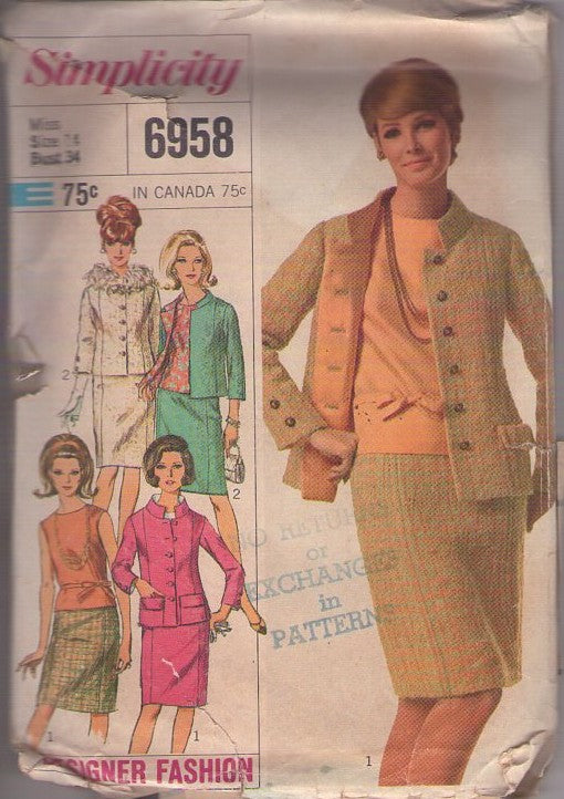 Simplicity 6958 Vintage 60's Sewing Pattern Mod Suit Dress, Designer Fashion, Mad Men, Tippie Hedren, The Birds Costume, Feathers, Stand Up Collar, Summer Blouse, Slim Skirt, Blazer Jacket Size 14